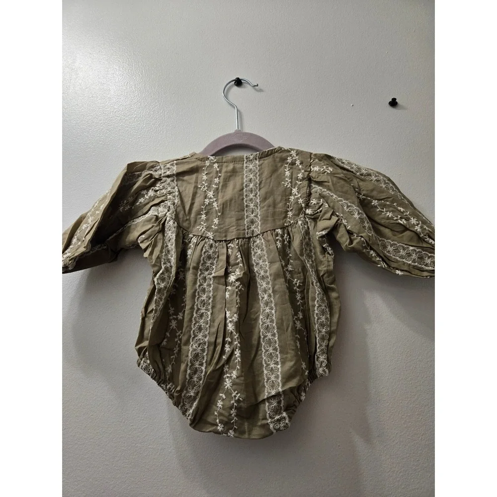 Ryan & Remi Baby Girl Olive Green Embroidered Puff‎ Sleeve Romper Onesie
